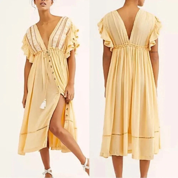 Free People Bali Will Wait For You Yellow Embroidered Gauzy Midi Dress Sz Medium - Picture 1 of 13